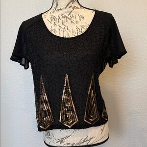 Black Beaded Top with Gold Sequin Design